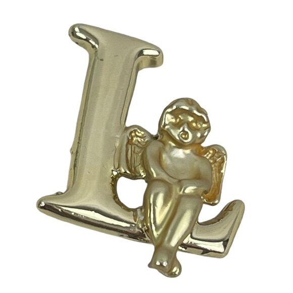 L Razza Vintage Gold-Tone Initial L Brooch With Cherub Angel Pin 18K Gold Plated - Picture 1 of 6